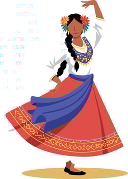 A joyful woman dancing in traditional attire with vibrant colors in a flat illustration vector