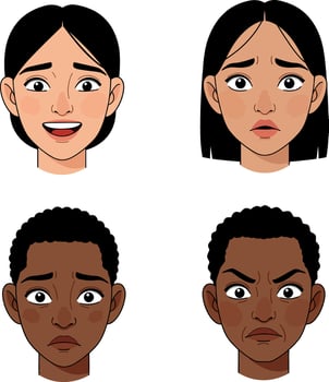 Four diverse facial expressions in a flat, minimal design style showcasing emotions in art vector