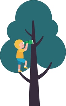 A child climbing a tree with binoculars in a playful flat illustration vector