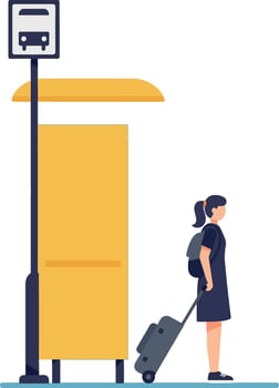 Woman standing at a bright bus stop with luggage in flat art vector