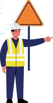 Construction worker in safety vest gesturing towards caution sign in flat art vector