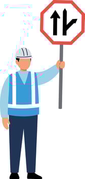Construction worker holding a traffic sign in a flat, minimal design illustration vector