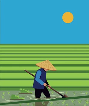 Farmer working in lush green rice field under bright sun in flat art vector