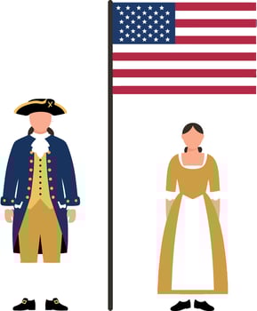 Historical figures in traditional attire standing beside an American flag in a flat illustration vector