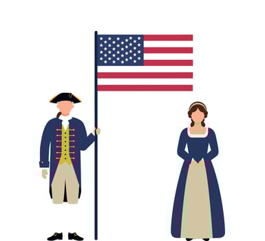 Historical figures holding American flag in flat style art vector
