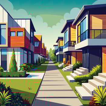 a cartoon illustration of a street with houses vector