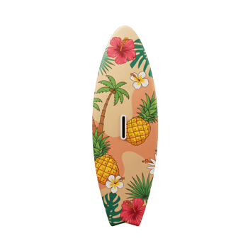 Surfboard Deck with Tropical Theme Featuring Hibiscus, Palm Tree and Pineapple png