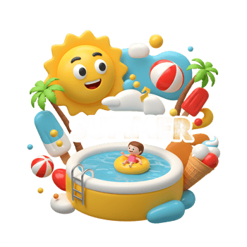 Fun Summer Scene with Cartoon Sun, Pool, and Summer Treats png