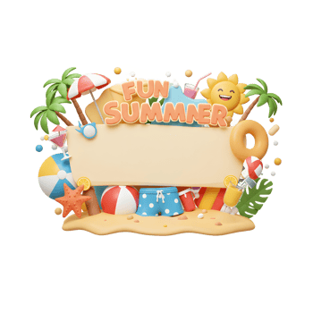 Summer beach fun background with blank banner and cute elements png