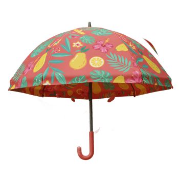 Umbrella with Fruit and Floral Pattern Surrounded by Falling Leaves png