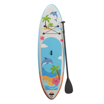 Paddle board with tropical design and paddle for water sport png