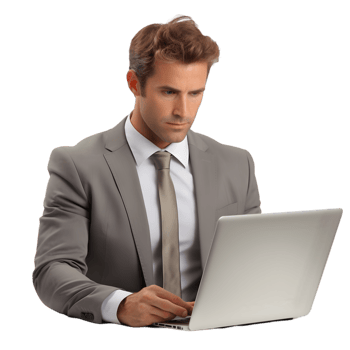 Businessman analyzing data on laptop in modern office environment professional context focused viewpoint png