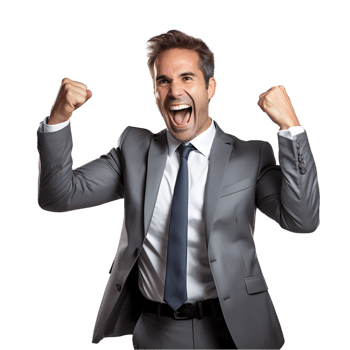 Businessman celebrates triumph in office professional environment realistic photo uplifting viewpoint business success concept png
