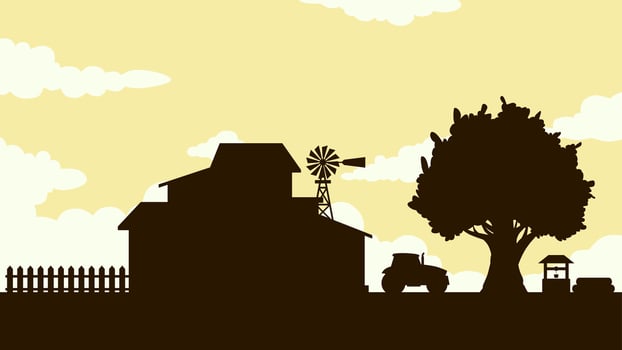 Countryside landscape of farmhouse scenery. Panoramic view of rural house with windmill and tractor under big tree. Scenic cloudscape over the farmland in rural environment vector