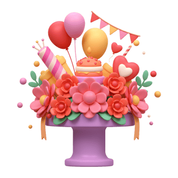 Celebrating with Cute Party Decoration Cake Balloons and Flowers png