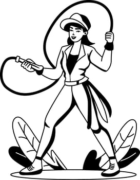 A glyph illustration of a circus woman holding a sticker rope vector