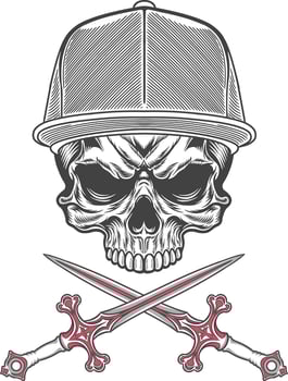 Skull with baseball cap and two swords illustration vector