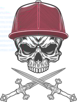 Skull with baseball cap and two swords vector
