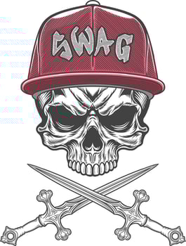 Skull with two crossed swords and a red cap vector