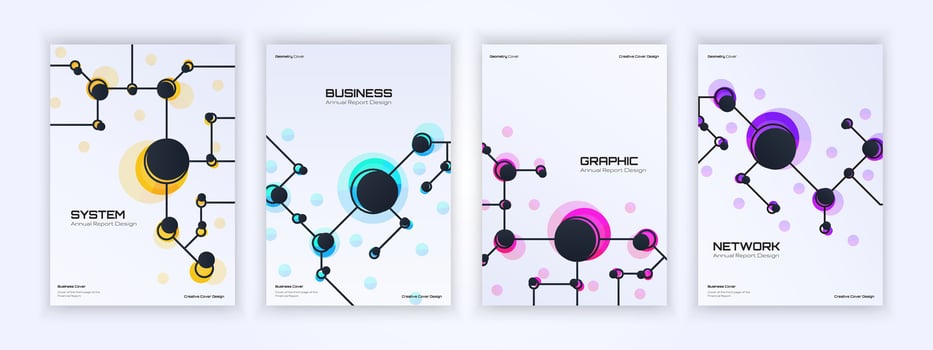 Futuristic business posters with molecular network designs in yellow, blue, pink, and purple on a light background vector
