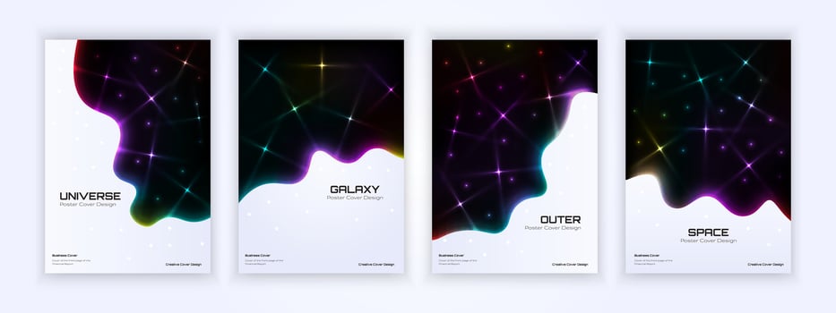 Futuristic cosmic poster designs blending galaxies and stars with a sleek modern aesthetic vector