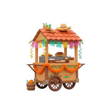 Festive Food Cart with Sombrero and Papel Picado Decoration png
