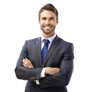 Business focused real estate agent in formal wear promoting housing client support and property expertise png