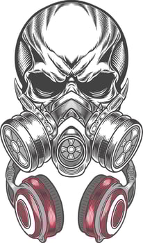 Skull with headphones and gas mask vector