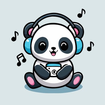 Cute Panda Character With Headphones Enjoying Music And Holding A Music Player vector
