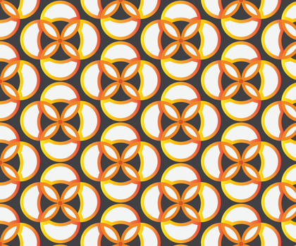 Colorful seamless pattern with retro floral geometric shapes in orange, yellow, and white tones on a dark background. Perfect for vintage-style designs. vector