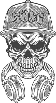 Skull with headphones and hat in a hip hop style vector