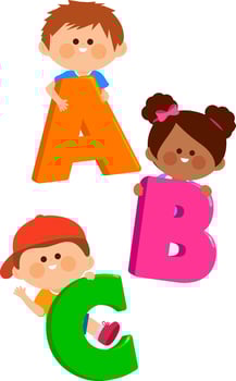 Boys and girls holding letters ABC. Children playing with letters in kindergarten. Small funny children hold letters ABC in their hands. vector