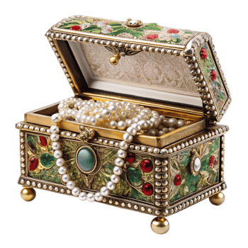 Ornate vintage jewelry box with intricate design filled with pearl necklaces and gemstones on Transparent Background png