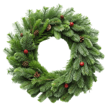Festive Christmas wreath made of lush green branches, pine cones, and berries, isolated for seasonal designs png