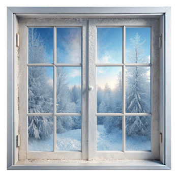 Snowy trees and a frosted glass window capturing the beauty of winter scenery png