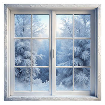 Frosted window with a serene view of snow covered trees and a peaceful winter landscape png