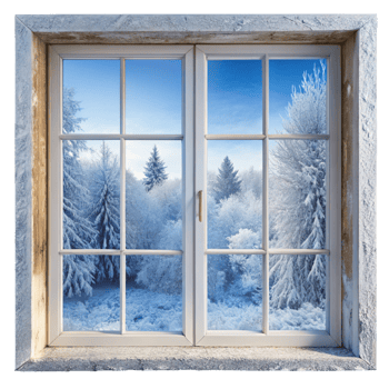 Icy blue winter scene through a window with frost and snow covered forest outside png
