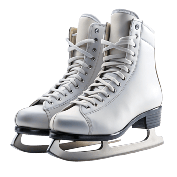 Elegant pair of white leather ice skates with laces on a reflective Transparent Background png