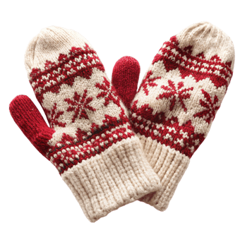 Cozy winter mittens with red and beige Nordic pattern design laid flat on Transparent Background png