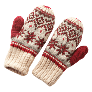 Festive wool mittens with classic red and beige Nordic patterns, isolated on Transparent Background png