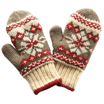Knitted winter mittens with red thumbs and intricate snowflake design, top view on white png