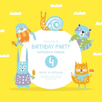 Birthday Party Banner Template, Invitation Card with Cute Adorable Animals Illustration vector