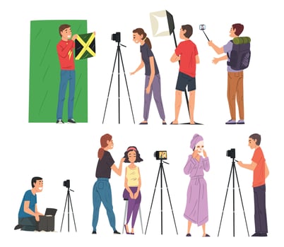 Bloggers Streaming Online Set, Cameraman, Soundman and Light Technician Recording , Social Media Blogging Cartoon Illustration vector