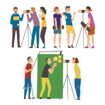 Bloggers Streaming Online Set, Cameraman and Soundman Recording with Camera and Microphone, Social Media Blogging Cartoon Illustration vector