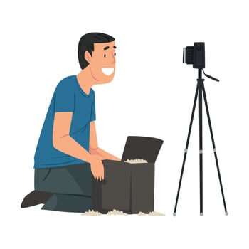 Male Blogger Unboxing Purchase, Online Parcel Unpacking Cartoon Illustration vector