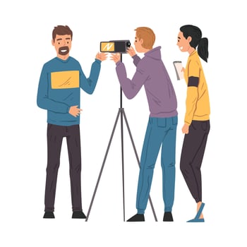 Male Blogger Streaming Online, Cameraman and Assistant Recording with Camera on Tripod, Social Media Blogging Cartoon Illustration vector