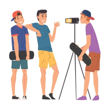 Boy Skateboarders Bloggers Streaming Online Recording with Camera on Tripod, Social Media Blogging Cartoon Illustration vector