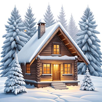 Charming snow covered cabin with a frosty roof, set against a backdrop of tall evergreen trees under a clear winter sky png