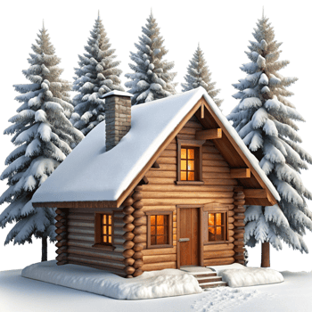 Serene winter landscape featuring a rustic log cabin in a snowy forest, evoking feelings of peace and warmth png