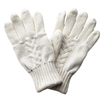 Soft white knitted winter gloves with a cable pattern, offering warmth and comfort for cold weather wear and outdoor use png